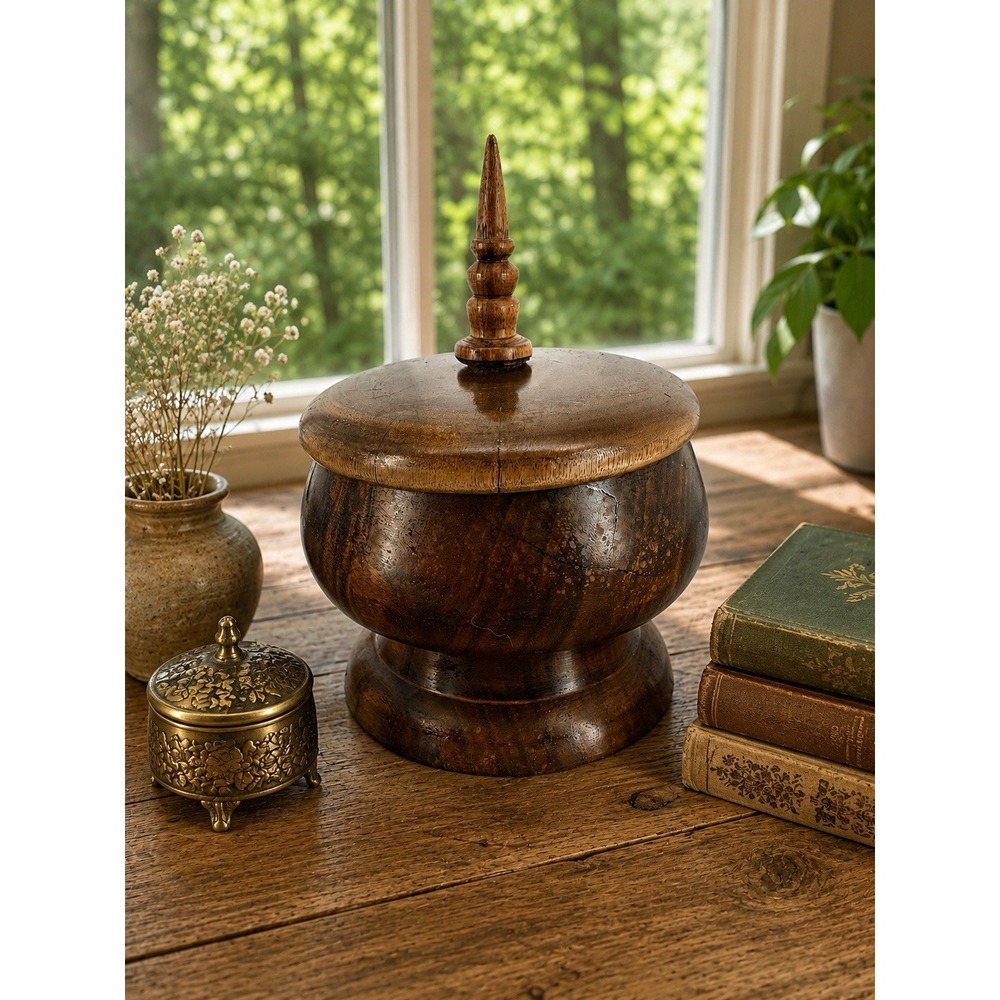 Vintage Hand Turned Wooden Lidded Box Trinket Pot Keepsake Storage Rustic Decor